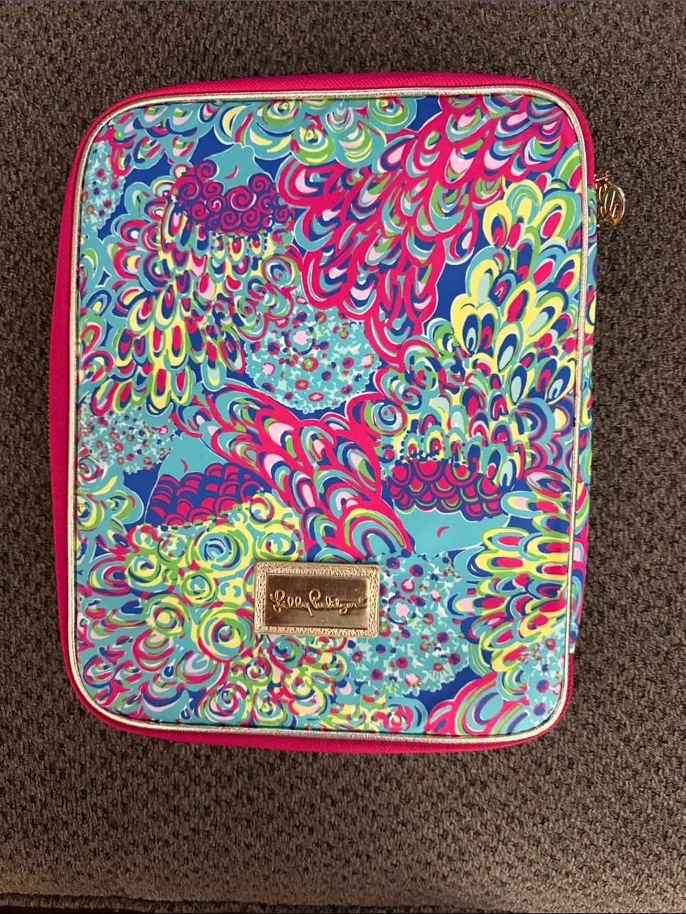 Lilly Pulitzer Turquoise, Pink & Lime Printed zip Tablet case with Gold Logo
